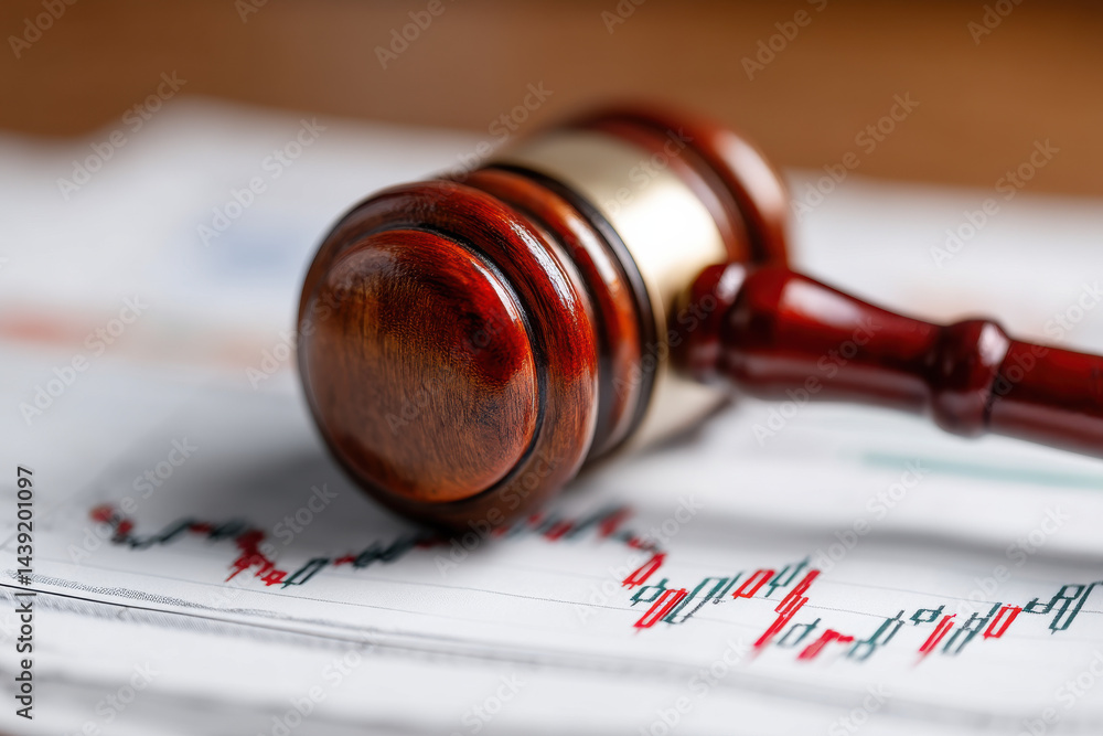 Judge’s gavel resting on stock chart symbolizing economic sanctions, financial fraud, and legal action