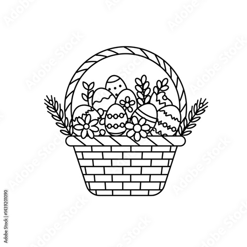 Easter basket filled with decorated eggs and flowers  