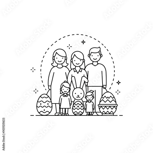 Family Celebrating Easter with Colorful Eggs in a Festive Setting  