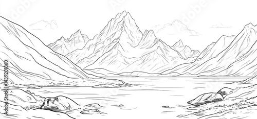 Line Art: Serene Mountain Lake Scenery with Majestic Peaks and Rocky Shores