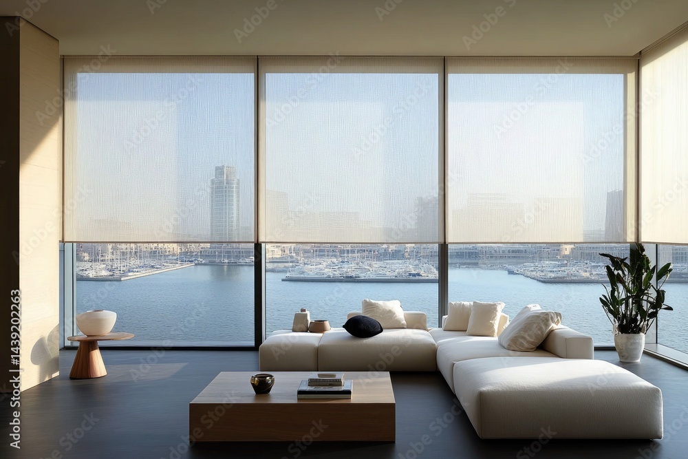 Modern living room has large windows, sofa, coffee table, and stylish decor. Showcases luxury interior design, ideal for home decor or real estate themes. Modern living room has large windows, sofa, coffee table, and stylish decor. Showcases luxury interior design, ideal for home decor or real estate themes.