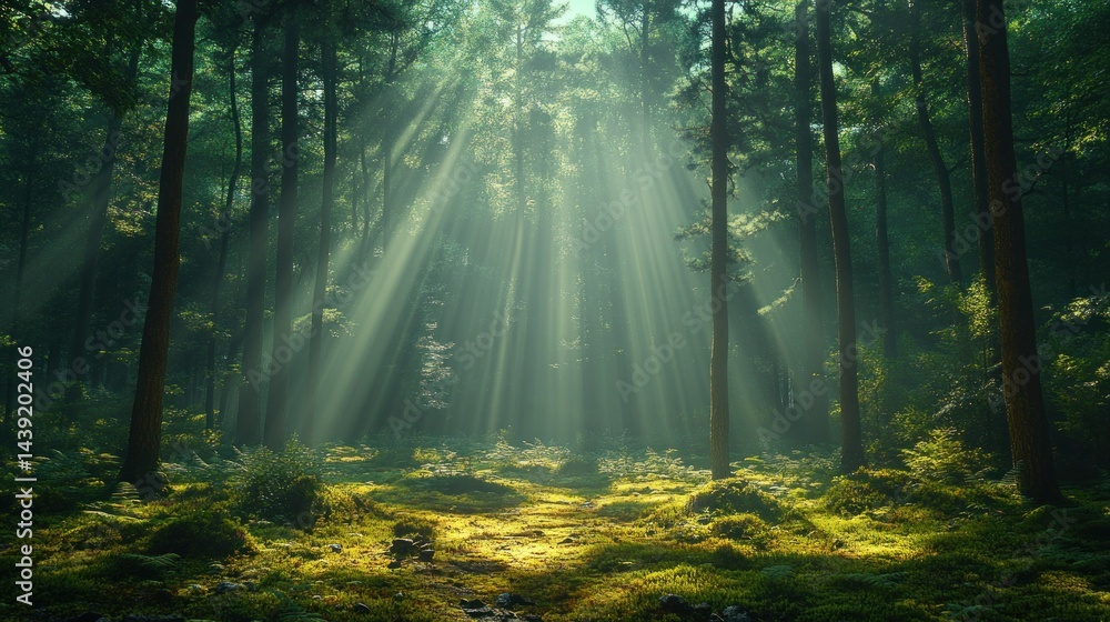 Obraz premium Sunlight streams through a mystical forest