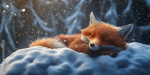 Fox sleeps soundly in snowy forest, light snow falling. Nature and conservation