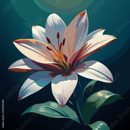White Lily Blossom with Green Leaves. Botanical Art