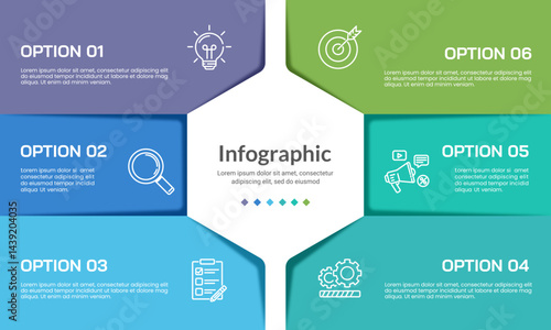 Simple 6 option infographic presentation slide. Banner, Brochure, Plan and Strategy. Vector illustration.
