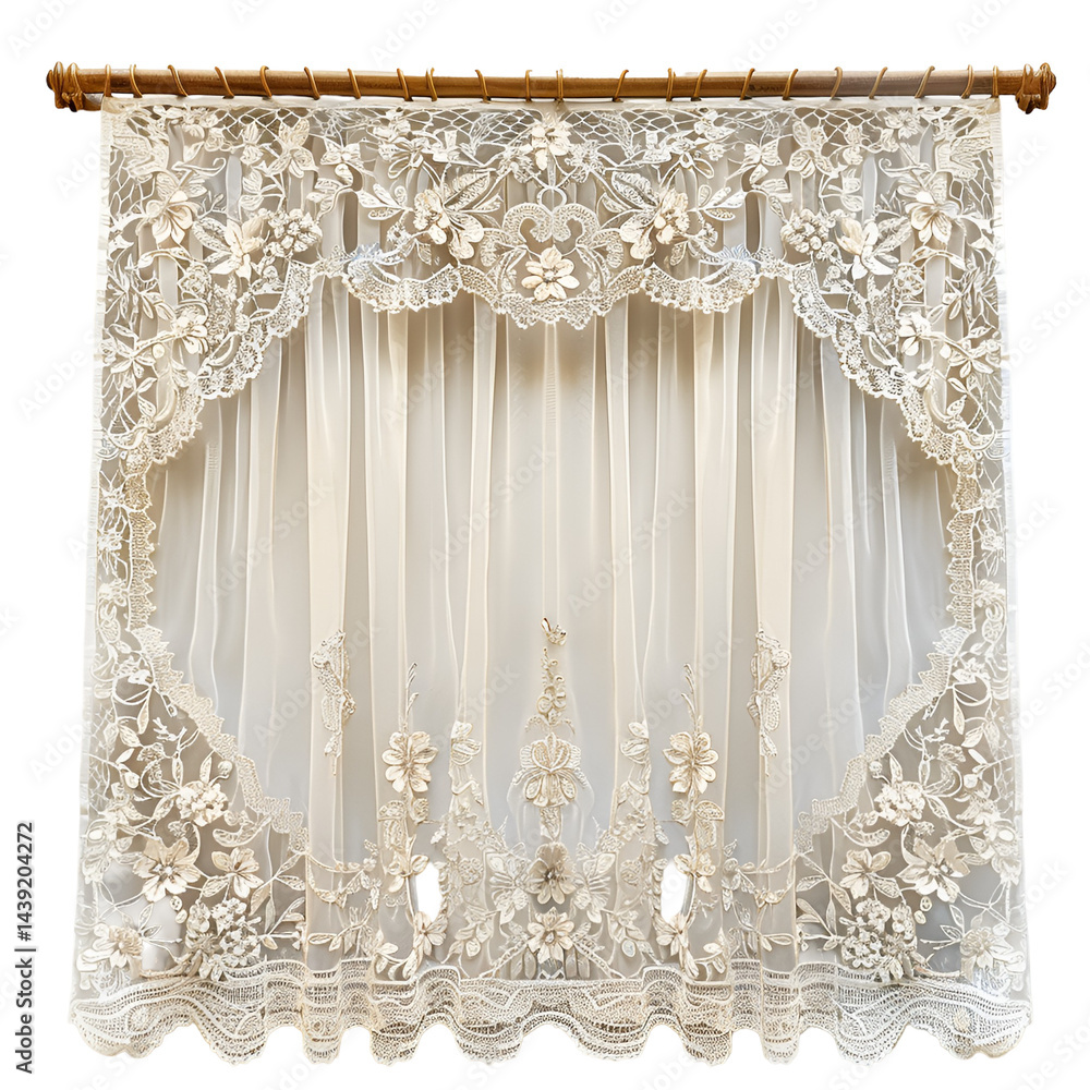 Elegant Cream Lace Curtains with Wooden Rod Elegant Cream Lace Curtains with Wooden Rod