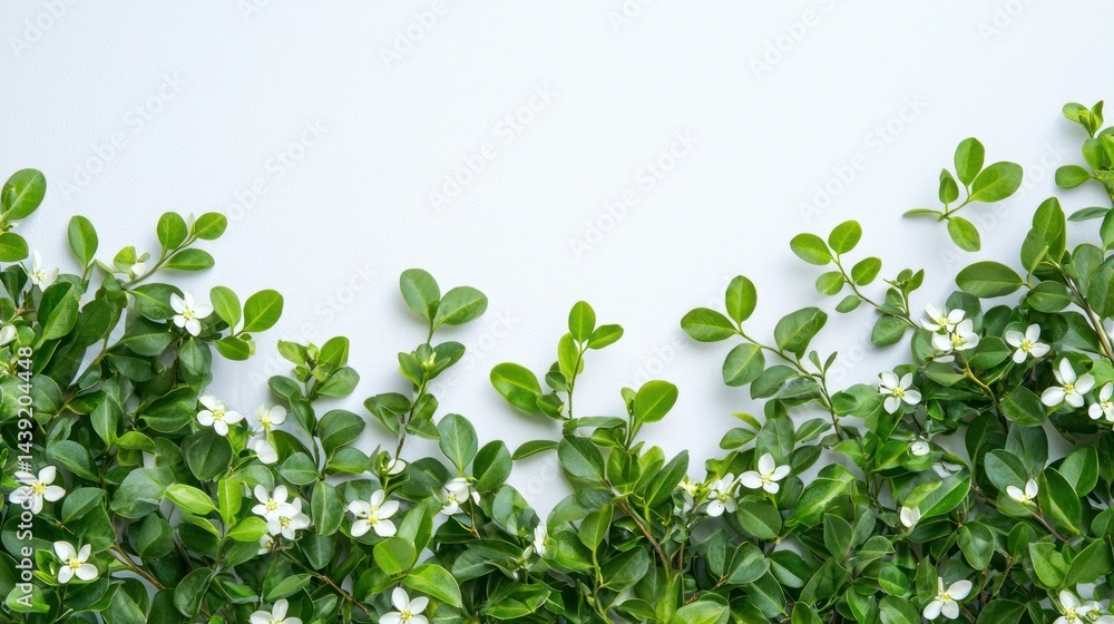 Group of garden bushes with tender green leaves and small white flowers scattered on a white background. Group of garden bushes with tender green leaves and small white flowers scattered on a white background.