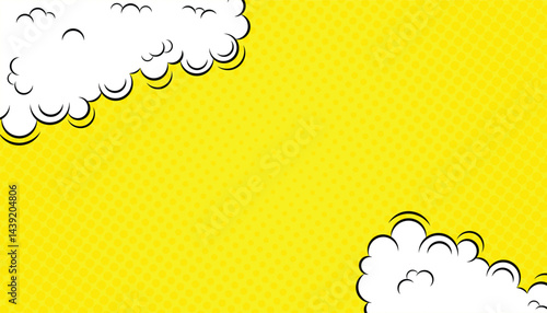 Yellow comic cartoon pop art background with cloud illustration, comic art with yellow halftone background design, comic book style