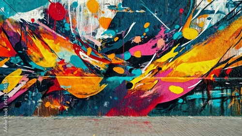 Dynamic urban art mural: vivid colors in motion on a city wall