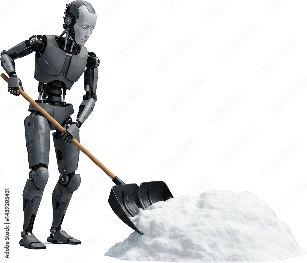 Naklejka premium Futuristic Robot Shoveling Snow Winter AI Artificial Intelligence Automation Technology