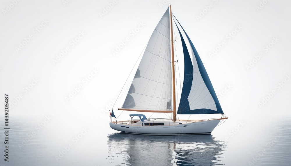 Fototapeta premium A white sailboat glides across the vast ocean under a painted sunset sky