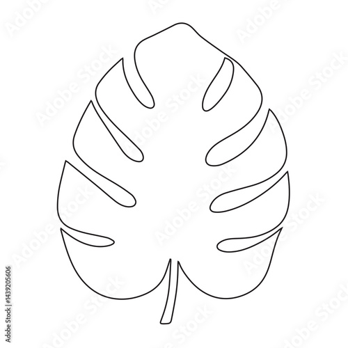 Elegant minimalist line art illustration of a single Monstera deliciosa leaf. Simple black lines on white background, perfect for home decor prints, posters, and modern website design.