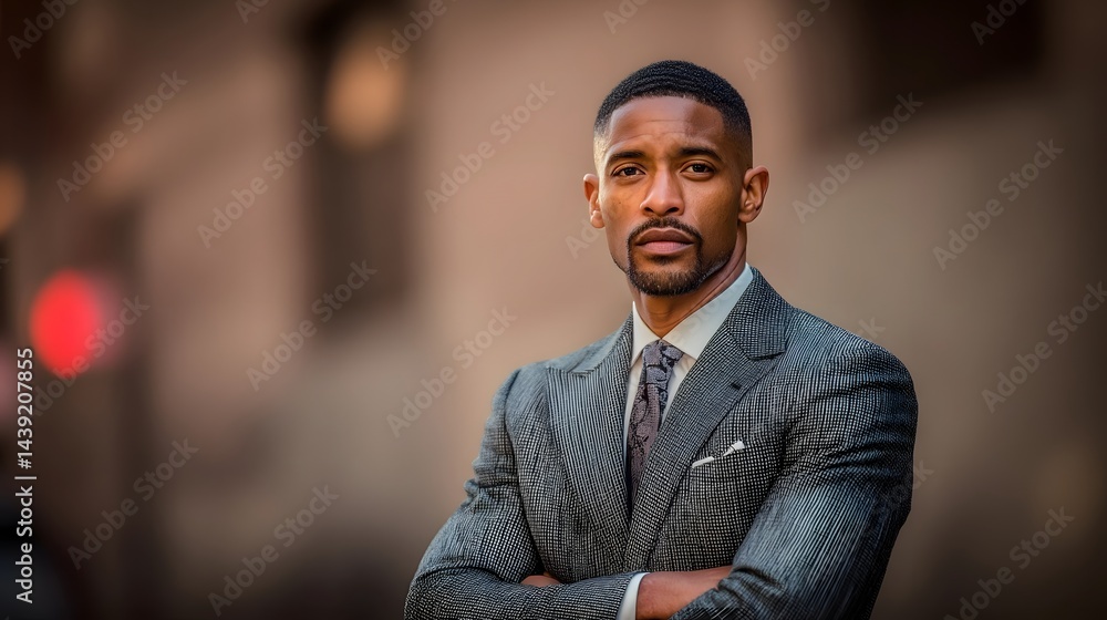 Confident Black executive in suit, arms crossed, exuding authority and professionalism in urban setting.