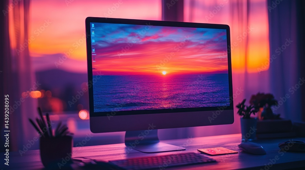 Fototapeta premium Sunset computer display, home office