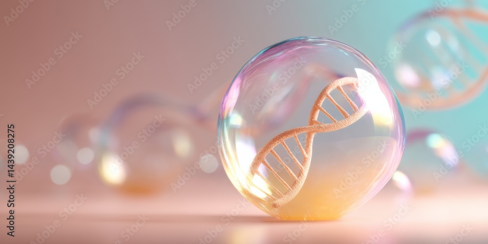 Bubbles reflecting DNA strands in a colorful, abstract setting during a creative science concept presentation Bubbles reflecting DNA strands in a colorful, abstract setting during a creative science concept presentation