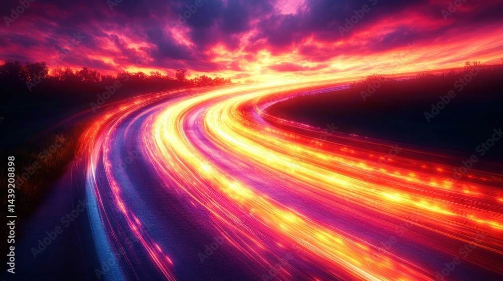 Sunset highway, vibrant light trails Sunset highway, vibrant light trails