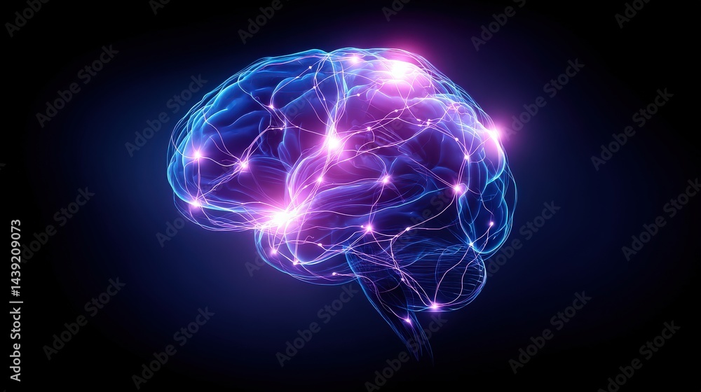 A glowing digital brain with neural connections highlighted by vibrant blue and purple lights on a dark background. A glowing digital brain with neural connections highlighted by vibrant blue and purple lights on a dark background.