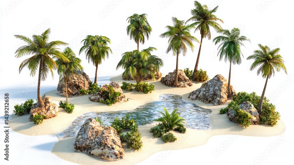 Fototapeta premium Group of isolated palm-covered islands with small sandy beaches on white background.