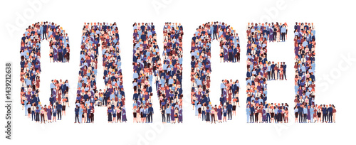 Many people. Crowd lettering. Cancel culture. Social boycott. Men and women standing together. Text top view. Community gathering. Restricted opinion. Human oblivion. Vector word font
