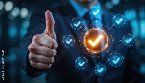 Corporate Leader Showing Approval. Thumbs Up with Futuristic Checkmarks for Business Integrity, Success, and Trust