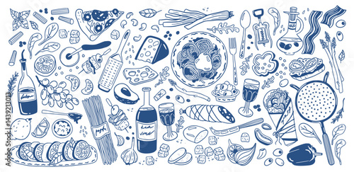 Italian food. Wine, cheese pizza in cook menu for mediterranean restaurant, drink and culinary ingredients. Pasta and wine. Line kitchen recipes. Menu icons. Vector sketch isolated set