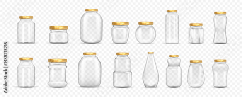 Glass jar. Empty transparent bottle different forms, food lid container or clear 3d jam package. Kitchen storage with metal cup, empty glassware vector mockup, realistic isolated elements