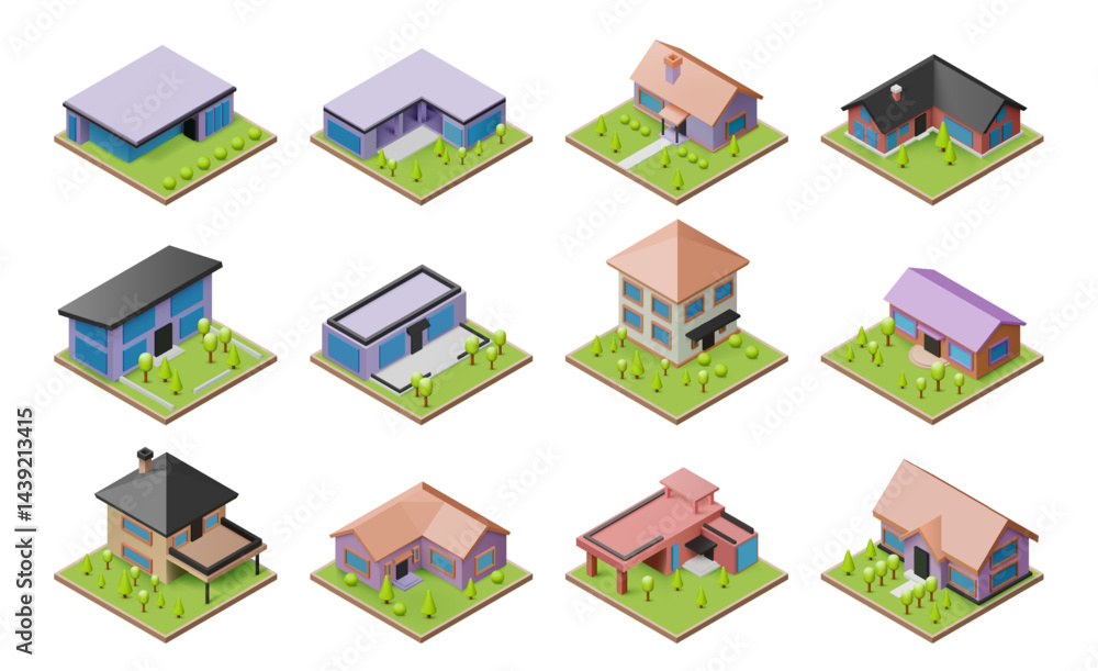 Fototapeta premium 3D house. Buildings in town isometric view. Real estate. Home with roof chimney and terrace balcony. Suburban villa design. Cartoon construction. Suburb architecture. Vector icons set