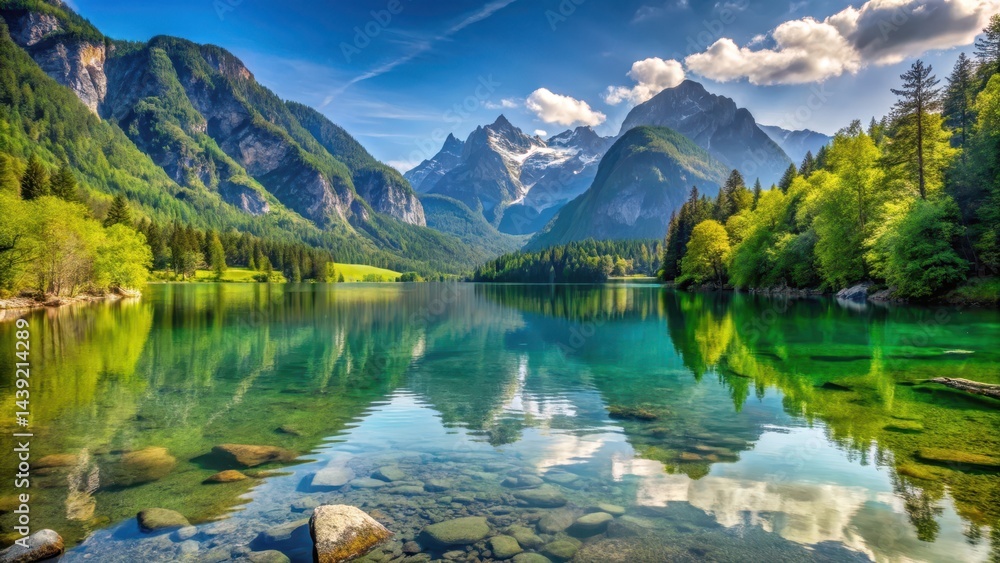 Fototapeta premium Serene lake surrounded by towering Bavarian Alps in Berchtesgaden National Park, germany, berchtesgaden, germany, berchtesgaden