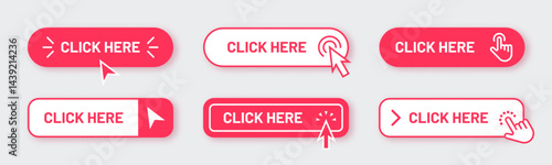 Click here button. Order now shop link. Mouse web for finger tap. Infographic cursor. Banner with arrow. Website subscribe. Online shopping. Computer interface. Vector internet icon set