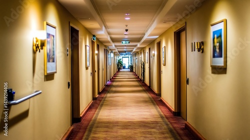 Empty hotel hallway.  Spacious, well-lit corridor