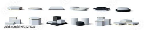 White podium. 3d gold platform, product stand or pedestal box stage. Square award display, rectangle block scene. Marketing presentation or museum exhibition. Isolated vector background set
