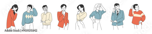 Person think. Woman, man character decision, girl in problem reflect or idea choice. Trouble ponder. Boy uncertainty and confusion, decision or answer finding. Vector cartoon isolated set