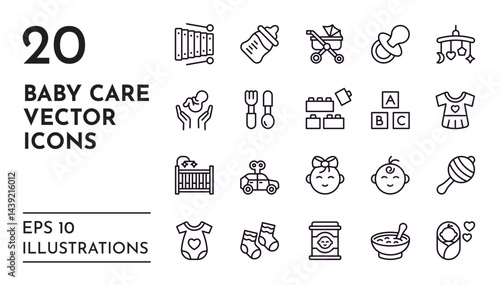 Baby care icons. Line symbols of pregnancy and maternity. Newborn boy and girl faces. Toddler clothing. Diaper and bodysuit. Kids carriage. Family love logo. Vector infancy pictograms set