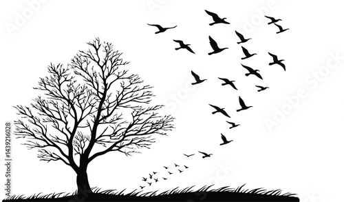 A silhouette of a bare tree with geese taking flight, symbolizing freedom and migration.