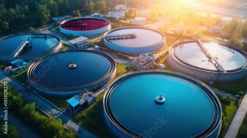 under 200 characters): Modern wastewater treatment plant with large circular tanks and surrounding greenery, illuminated by the setting sun.