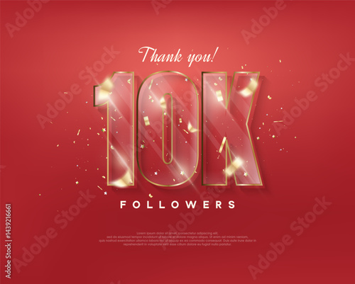10k followers celebration. with glass figures on a red background.