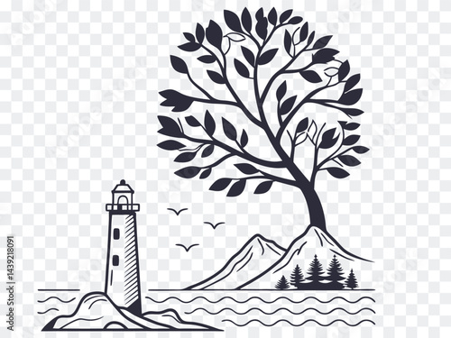 Scenic lighthouse and mountain landscape with large tree and birds, black and white nature illustration for coastal adventure theme, outdoor designs, travel art, and nautical projects.