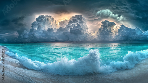 Storm clouds gathering over a turquoise sea, distant thunderheads glowing with soft light, deep blue-green waves crashing onto the shore, dramatic tropical energy, intense and vivid summer mood,