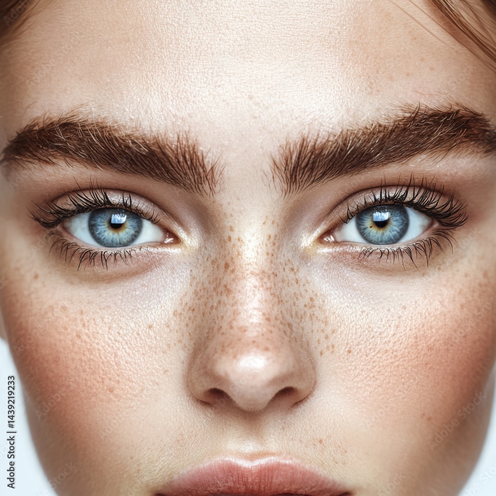 Obraz premium Close-Up Portrait of Young Woman with Clear Blue Eyes and Natural Freckles, Highlighting Facial Features and Skin Texture