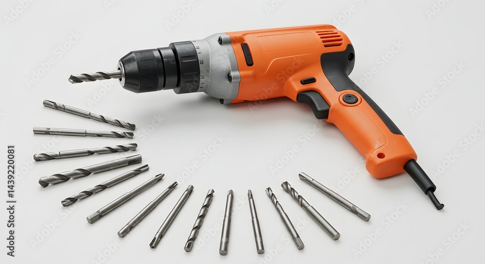 An orange electric drill with multiple bits sits on a neutral background. An orange electric drill with multiple bits sits on a neutral background.