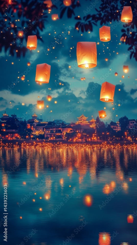 Obraz premium Many colorful lights illuminate a night scene above a calm body of water reflecting the lights of a city skyline. Twilight sky with dark blue and purple hues. 