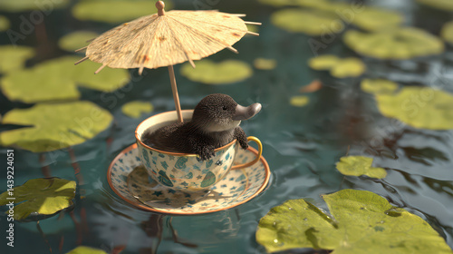 Adorable Duckling Relaxing in a Teacup with Umbrella on Water photo