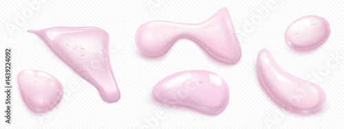 Translucent pink gel drops set - smooth abstract shapes collection with realistic highlights, shadows from round clear liquid blobs. Shiny glossy 3d oval, various form isolated on transparent backdrop