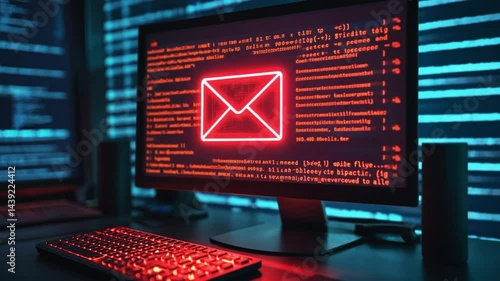 Red email symbol on computer screen with code security threat