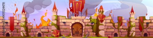 Medieval castle wall on fire during battle, broken burning fortress. Cracked stone towers, arched gate, orange flames. Smoking ruins of fantasy kingdom war destruction scene for historical game level.