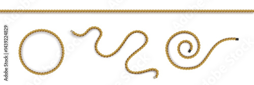 Nautical ropes set isolated on white background. Vector realistic illustration of straight, curve, looped circle brown threads, natural twine pieces, hemp fiber texture, twisted cable for retro decor