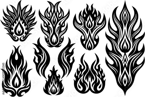 Tribal tattoo set features vector design elements with black tribal patterns, animal illustrations like lion and tiger, and decorative ornaments
