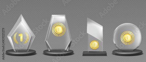 Glass winner award mockups set isolated on transparent background. Vector realistic illustration of abstract shape crystal prizes with golden medals, sports game or competition trophy, acrylic design