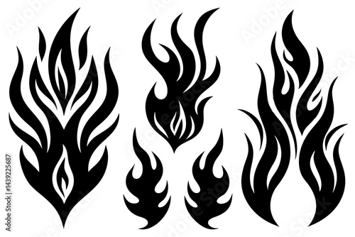 Vector fire flames set illustration features hot, burning orange and yellow fiery art