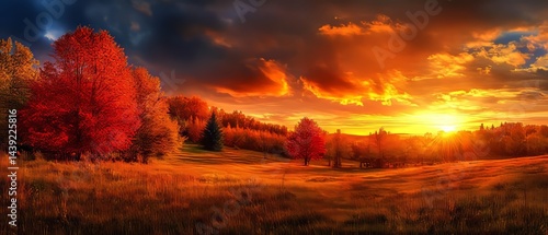 Capture a stunning real-life photograph of the autumn equinox, featuring a serene landscape with trees adorned in fiery shades of red, orange, and yellow, as the sun sets on the horizon